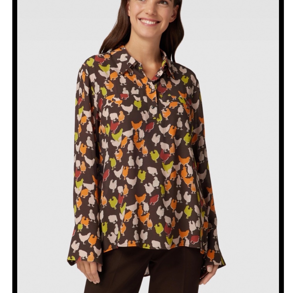 NWT Marc Cain Chicken Print Blouse Womens N5 Large Button Front Long Sleeve $350